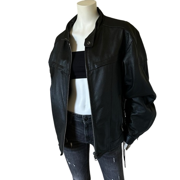 Vintage Oversized Black Leather Bomber Motorcycle Jacket - Picture 3 of 11